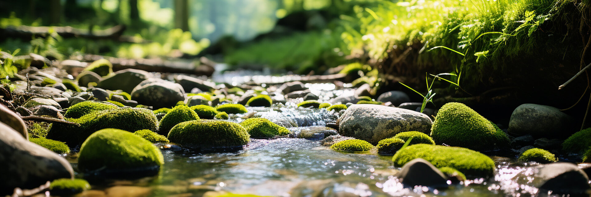 A brook that flows through a forest, and on its banks a lot of greenery, stones, water, wood, trees, gras