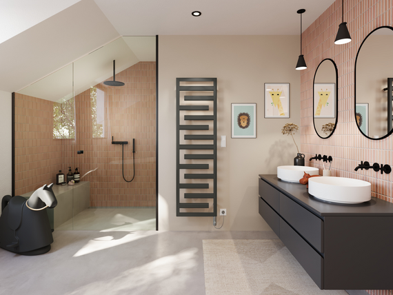 modernes badezimmer mit dem zehnder tetris badheizkörper