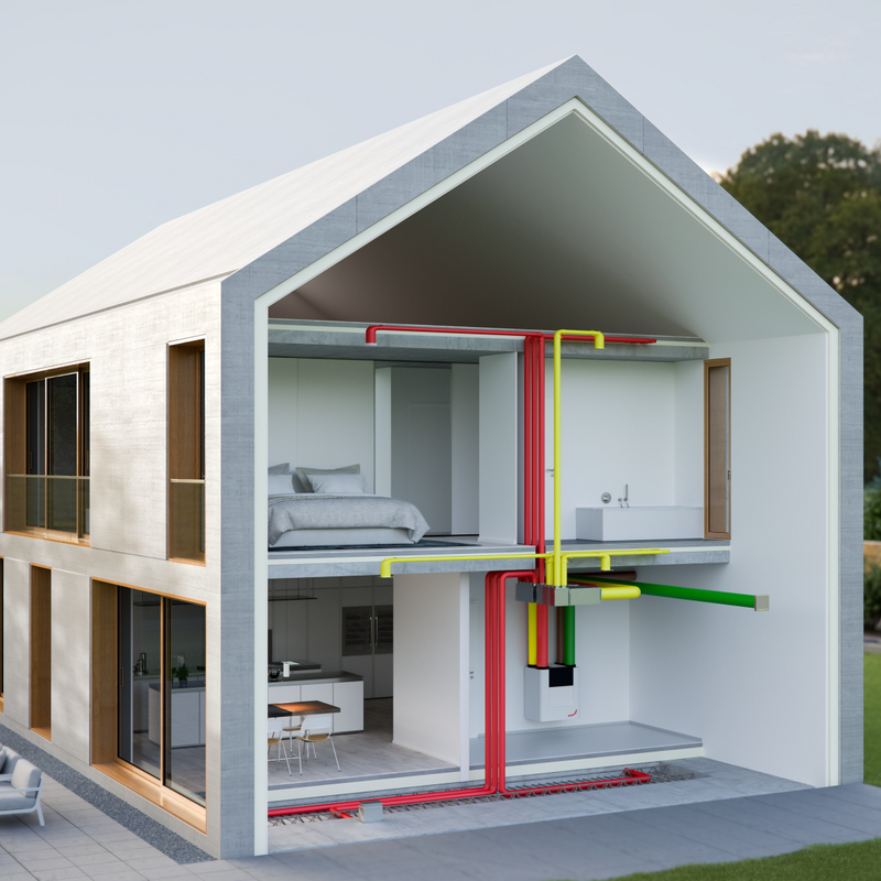 House, graphic, housegrapic, air distribution, ComfoAir Q, CAQ, ST, straight, In-OnFloor-technical-room-garden, technical room, garden, InFloor (round pipe), OnFloor (flat oval pipe)